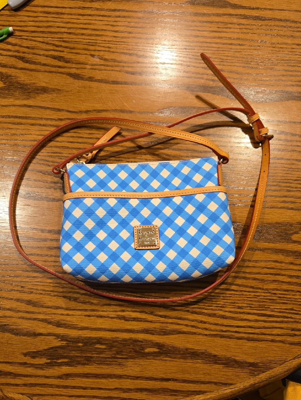 Dooney & Bourke Blue and Cream Gingham Crossbody Tan Leather Adjustable Strap